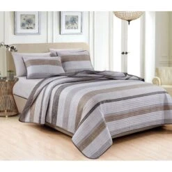 2-Piece Tan Striped Quilt Set, Twin