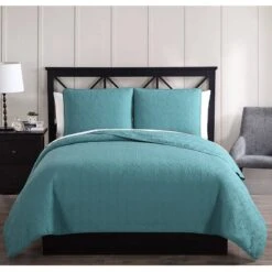 3-Piece Blue Ettori Stitch Quilt Set, Full/Queen