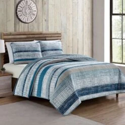 3-Piece Blue Striped Stitch Quilt Set, King