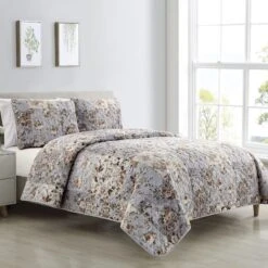 3-Piece Floral Stitch Quilt Set, Full/Queen