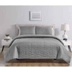 3-Piece Grey Wave Stitch Quilt Set, Full/Queen -Comforters Sales 3 piece grey wave stitch quilt set full queen 1