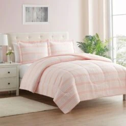 3-Piece Hannah Pink Striped Essential Comforter Set, Twin/Twin XL