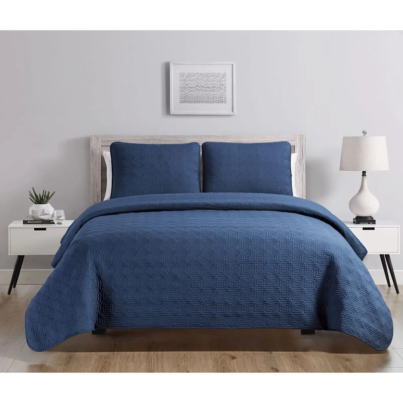 3-Piece Navy Blue Ettori Stitch Quilt Set, Full/Queen 4 3-Piece Navy Blue Ettori Stitch Quilt Set, Full/Queen - Image 2