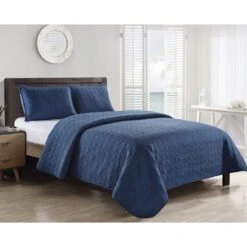 3-Piece Navy Blue Ettori Stitch Quilt Set, Full/Queen