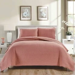 3-Piece Striped Terracotta Quilt Set, Queen -Comforters Sales 3 piece striped terracotta quilt set queen 1