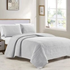 3Pc Stripe Quilt Grey King