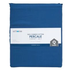 4-Piece Dark Blue 100% Cotton Percale Sheet Set, Queen