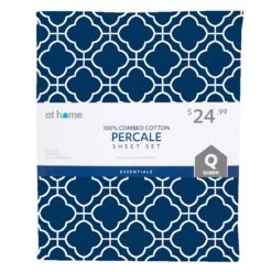 4-Piece Dark Blue Trellis 100% Cotton Percale Sheet Set, Queen