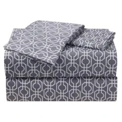 4-Piece Grey Damask Print Microfiber Essential Sheet Set, Full