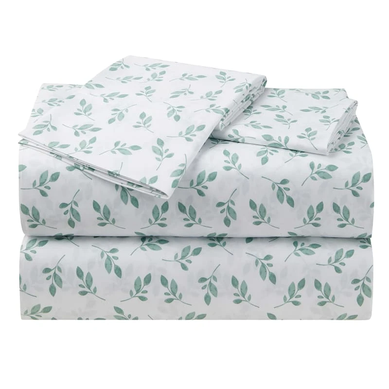 4-Piece White Eucalyptus Print Microfiber Essential Sheet Set, King 3 4-Piece White Eucalyptus Print Microfiber Essential Sheet Set, King
