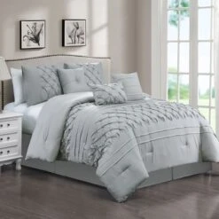 7-Piece Grey Pinch Pleated Premium Comforter Set, King