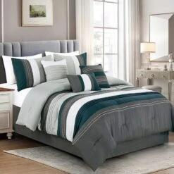 7-Piece Grey Stripe Embellished Comforter Set, King