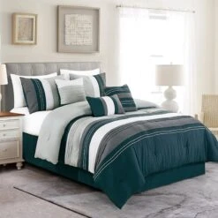 7-Piece Navy Blue Striped Embellished Comforter Set, King