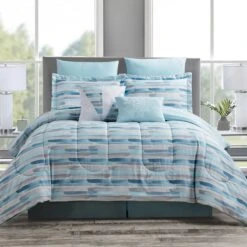 8-Piece Blue Water Striped Essential Comforter Set, Queen -Comforters Sales 8 piece blue water striped essential comforter set queen 1