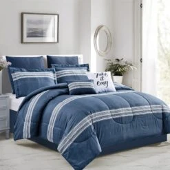 8-Piece Emin Blue Striped Essential Comforter Set, Full
