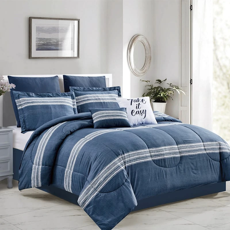8-Piece Emin Blue Striped Essential Comforter Set, Full 3 8-Piece Emin Blue Striped Essential Comforter Set, Full