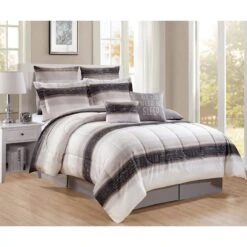 8-Piece White Striped Essential Comforter Set, Queen