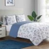 Blue & White Floral Bouquet Printed Quilt Set, King -Comforters Sales blue white floral bouquet printed quilt set king