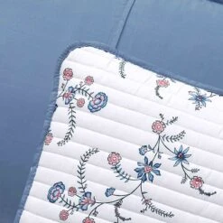 Blue & White Floral Bouquet Printed Quilt Set, King -Comforters Sales blue white floral bouquet printed quilt set king 4