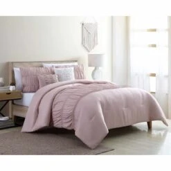 Holly 5-Piece Pink Ruched Comforter Set, Queen