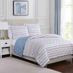 Honeybloom 3-Piece Imprint Striped Quilt Set, Full/Queen