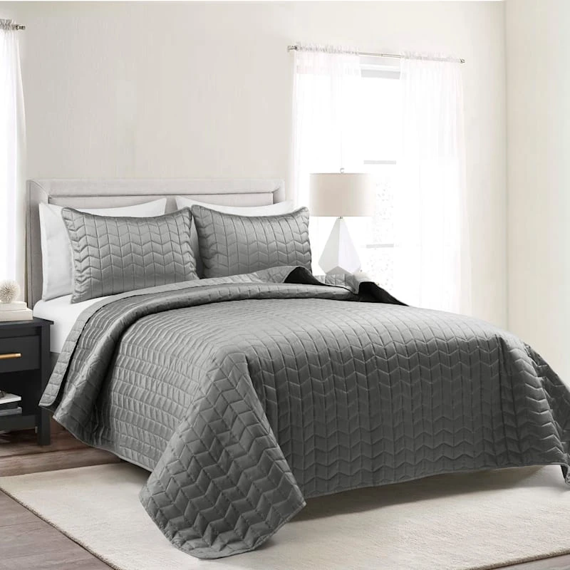 Laila Ali 3-Piece Grey Soft Striped Quilt Set, Full/Queen 3 Laila Ali 3-Piece Grey Soft Striped Quilt Set, Full/Queen