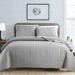 Providence 3-Piece Grey Pebble Stitch Quilt Set, King -Comforters Sales providence 3 piece grey pebble stitch quilt set king 1