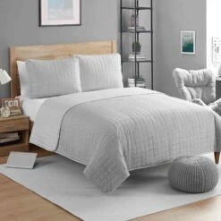 Smart Restart 3-Piece Riley Grey Printed Quilt Set, Full/Queen