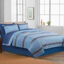 Smart Restart 8-Piece Blue Collegiate Striped Essential Comforter Set, Full/Queen